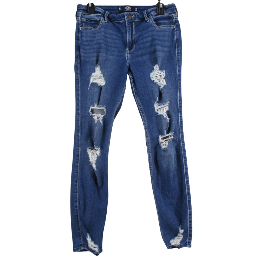 Hollister High Rise Super Skinny Distressed Ripped Jeans M Wash Blue W29 L28